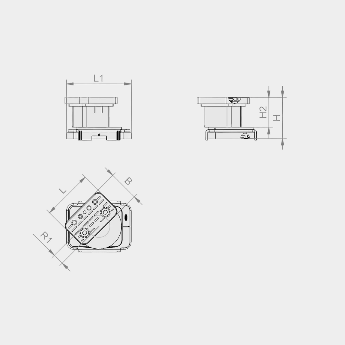 Technische Zeichnung eines quadratischen Bauteils mit Maßlinien in Seiten- und Draufsicht.