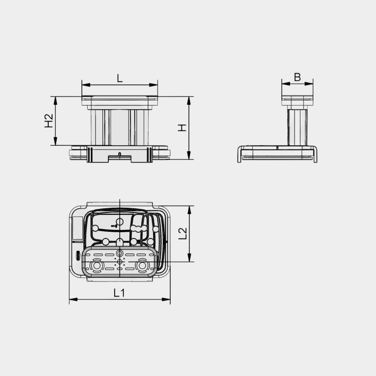 Technische Maßzeichnung eines Bauteils in Vorder-, Seiten- und Draufsicht mit L-, B-, H-, H2-, L1- und L2-Maßen.