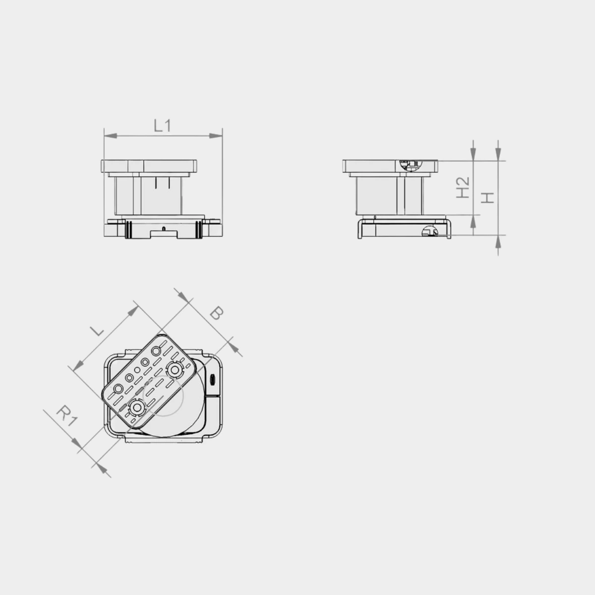 Rysunek techniczny elementu z wymiarami L1, H, H2, L, B i R1.