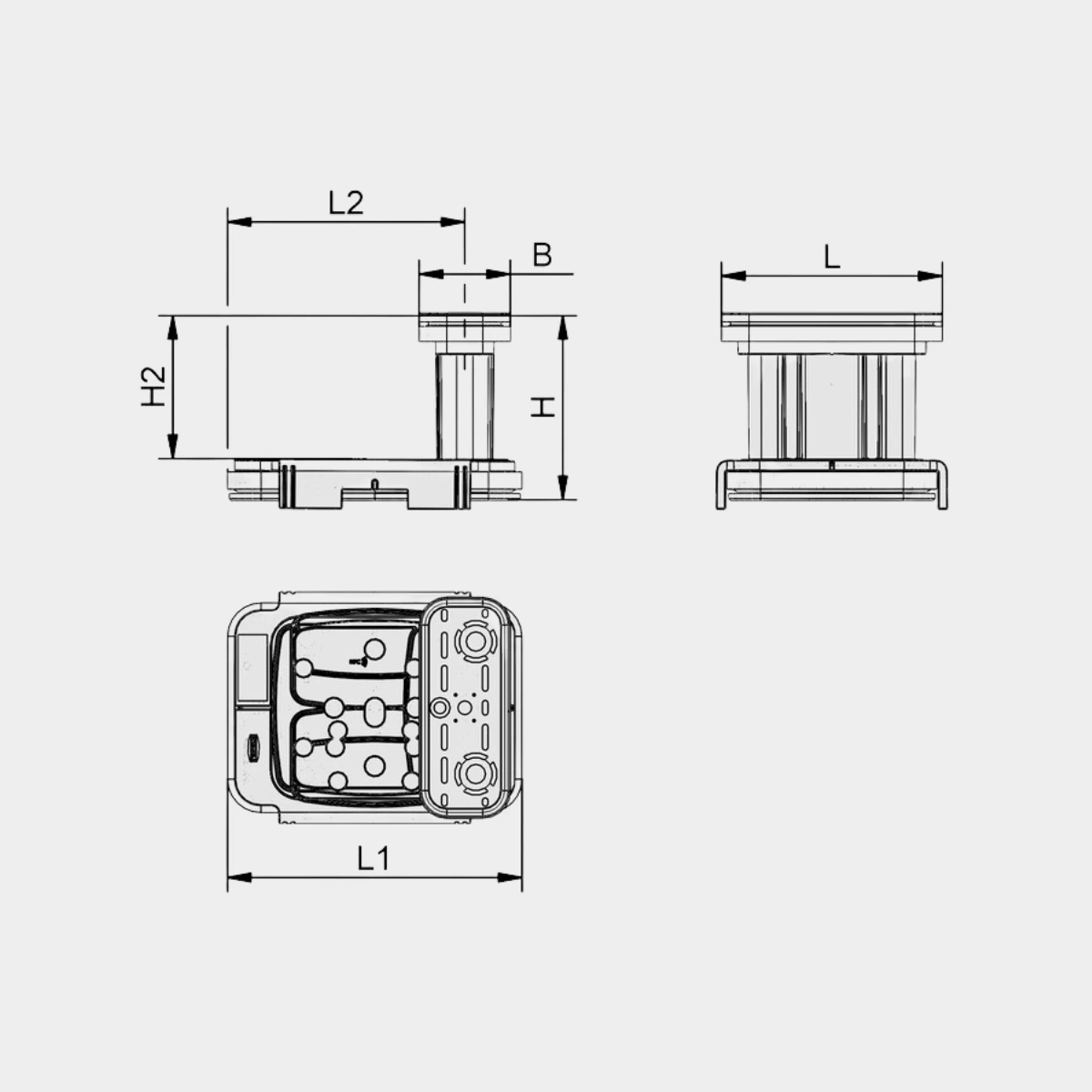 Rysunek techniczny elementu z wymiarami L1, L2, L, H, H2 i B.