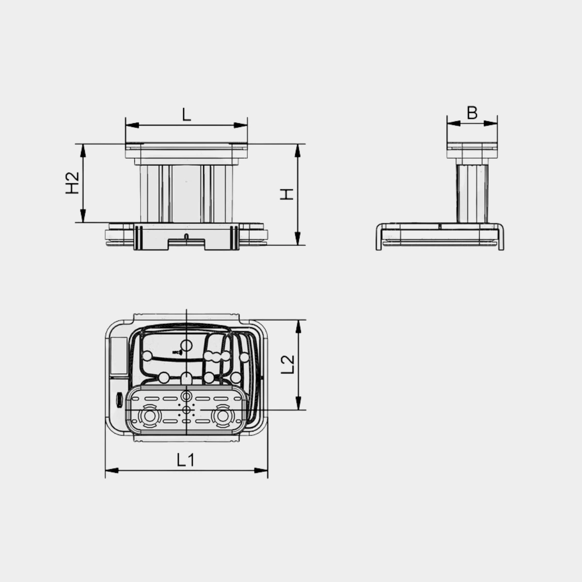 Technische Maßzeichnung eines Bauteils mit Ansichten und Maßangaben L, B, H, H2, L1, L2.